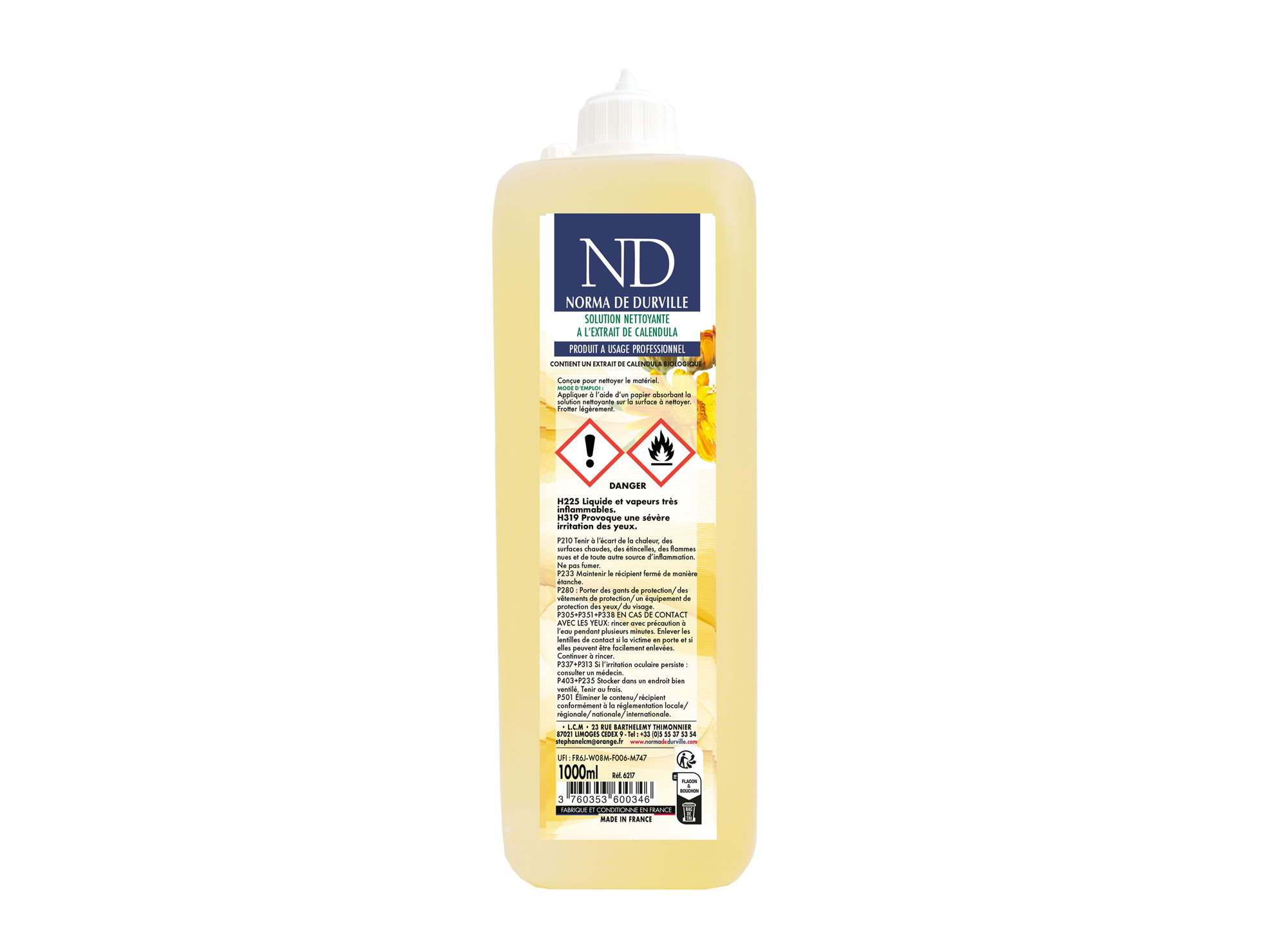 solution nettoyante à l'extrait de calendula en flacon de 1 litre