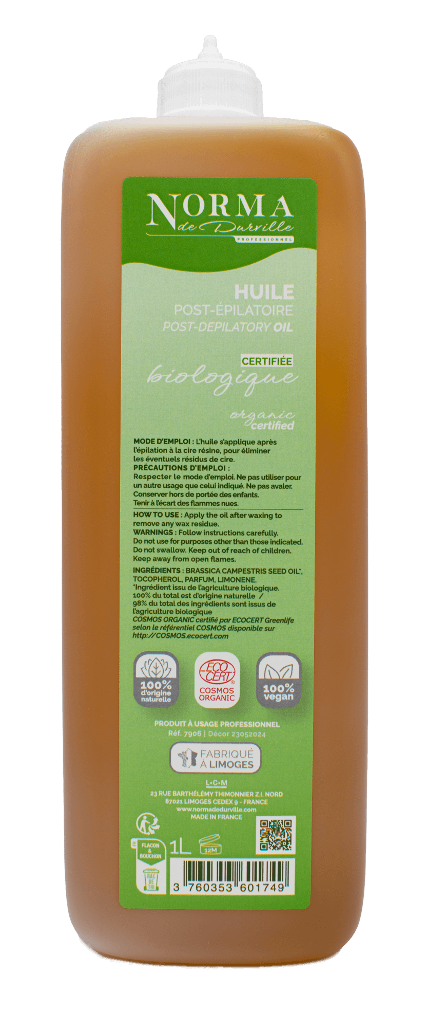 HUILE POST EPILATOIRE - certifié BIO par ECOCERT 100% d'origine naturelle en litre